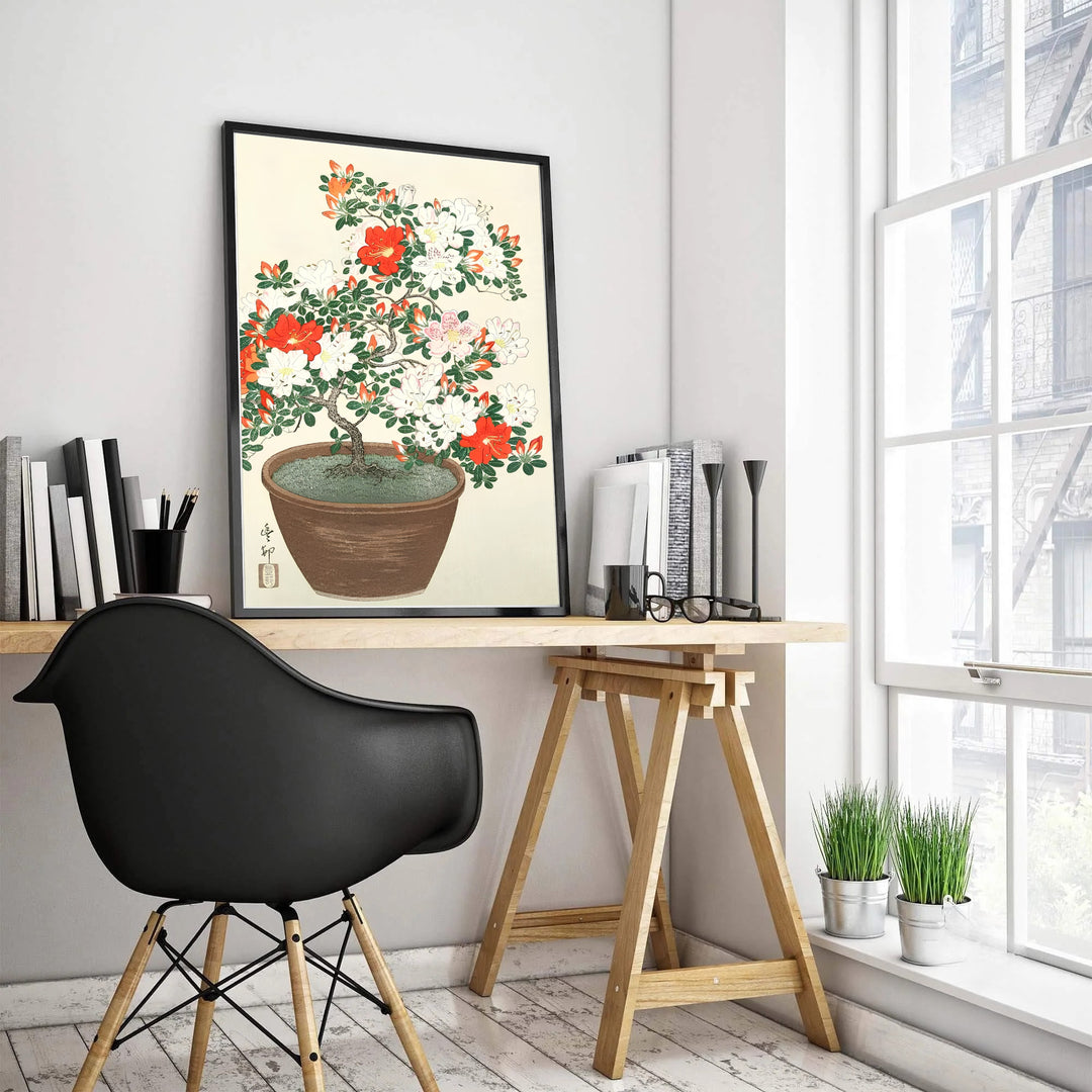 Ohara Koson Japanese floral print highlighting blooming azaleas in an earthenware pot from Kyoto museum archives. MapYourDreams features high-quality framed, unframed, and stretched canvas options.