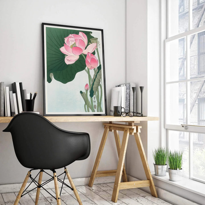 Ohara Koson Japanese floral print showcasing blooming lotus blossoms and green pads from Kyoto museum archives. MapYourDreams features high-quality framed, unframed, and stretched canvas print options.