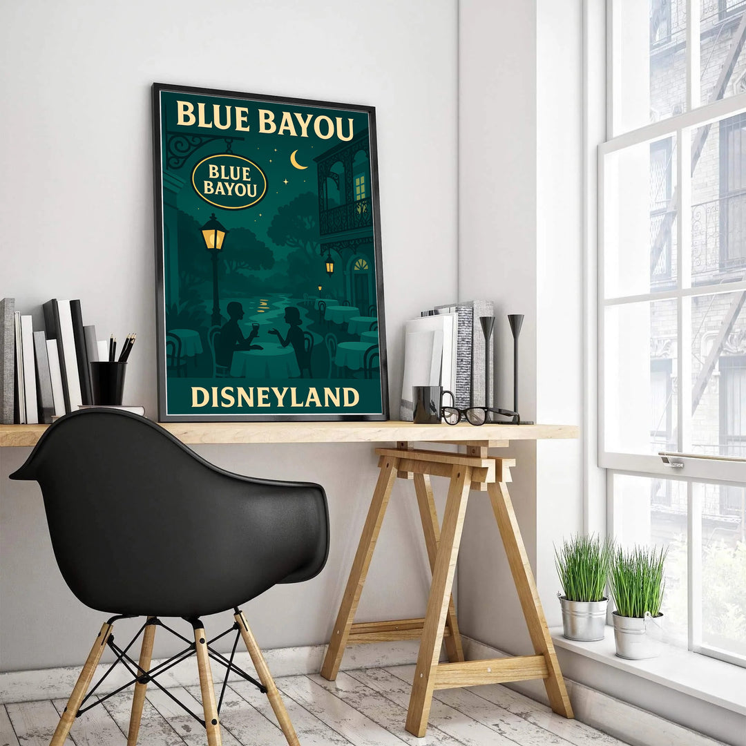 Mid-century vector travel poster of Blue Bayou Disneyland capturing deep emerald teal tones and glowing yellow streetlights, presented by MapYourDreams where options include a high-quality unframed poster, a stretched gallery canvas, or a custom framed art piece made for theater rooms.