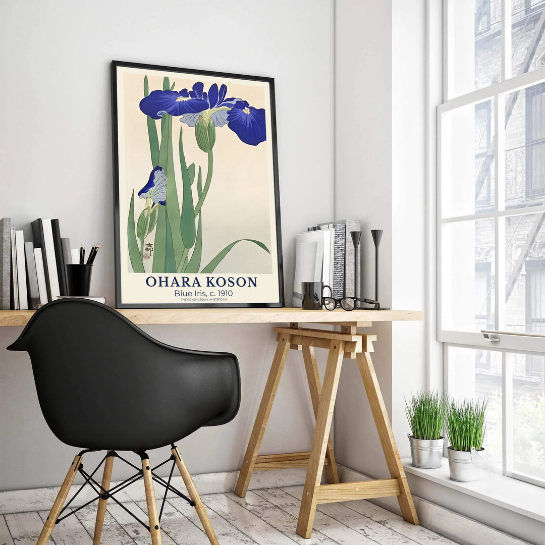 Ohara Koson 1910 Japanese floral print showcasing blue iris blossoms and green stems from The Rijksmuseum, Amsterdam archives. MapYourDreams features high-quality framed, unframed, and stretched canvas print options.