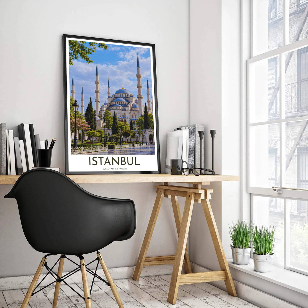 Architectural photography poster depicting Sultan Ahmed Mosque in Istanbul surrounded by trees and stone pathways. Produced by MapYourDreams, this artwork is available in flexible options including unframed paper, custom wooden frames, and gallery canvas wraps for office wall decor.