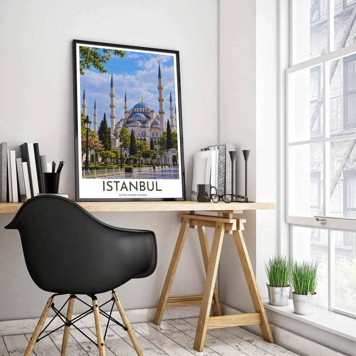 Architectural photography poster depicting Sultan Ahmed Mosque in Istanbul surrounded by trees and stone pathways. Produced by MapYourDreams, this artwork is available in flexible options including unframed paper, custom wooden frames, and gallery canvas wraps for office wall decor.