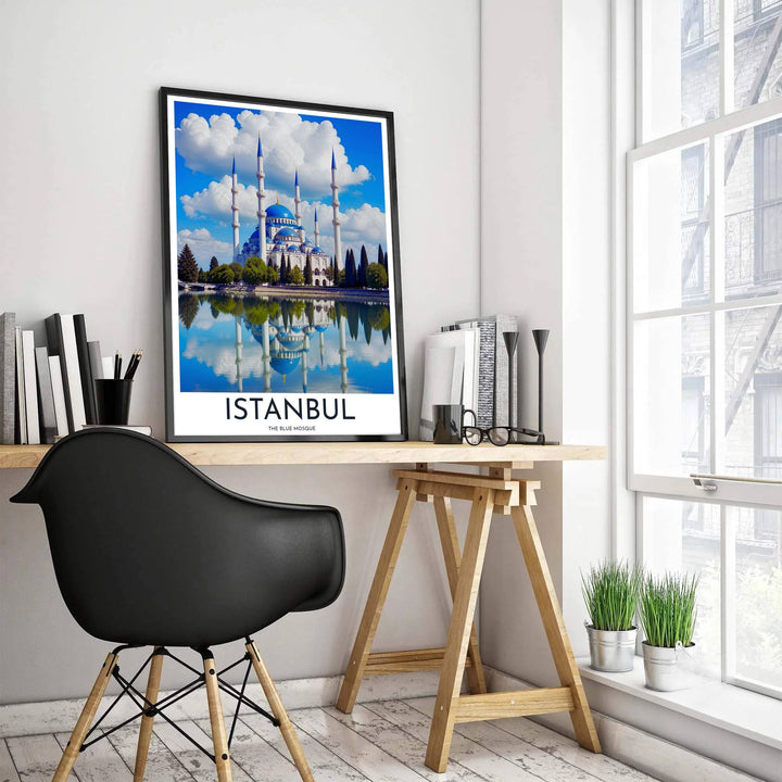 Architectural reflection poster depicting Sultan Ahmed Mosque in Istanbul rising above a serene reflection pool. Produced by MapYourDreams, this artwork is available in flexible options including unframed paper, custom wooden frames, and gallery canvas wraps for office wall decor.