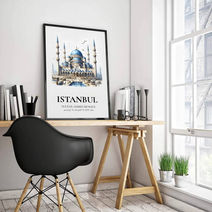 Architectural watercolor poster depicting Sultan Ahmed Mosque in Istanbul set centered on a clean white field. Produced by MapYourDreams, this artwork is available in flexible options including unframed paper, custom wooden frames, and gallery canvas wraps for office wall decor.