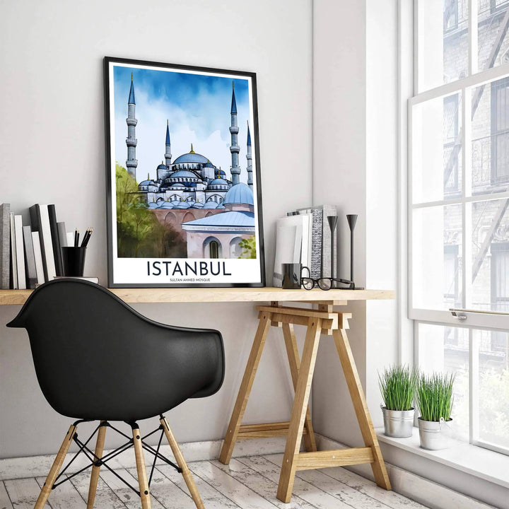Elegant Istanbul travel poster showing Blue Mosque cascading domes and minarets in rich watercolor washes. Created by MapYourDreams, this artwork is available in flexible options including unframed paper, custom wooden frames, and gallery canvas wraps for bedroom wall art.