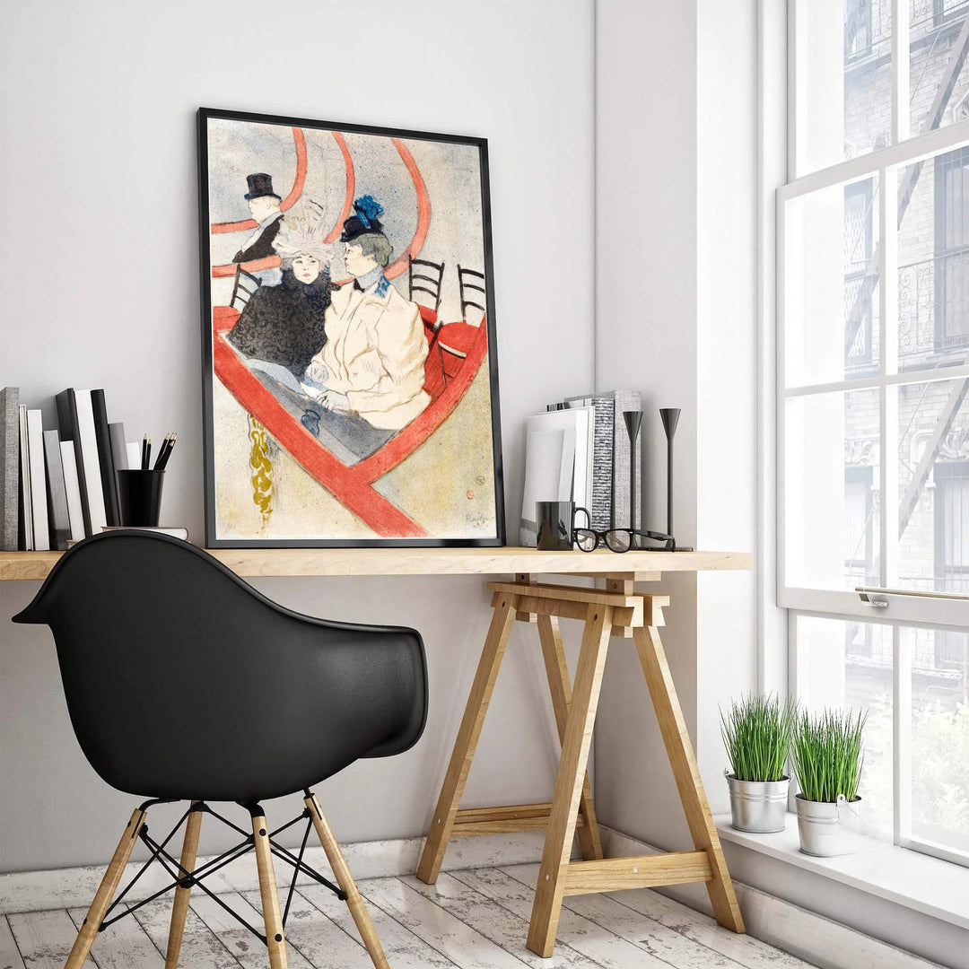Rare French lithograph poster reproduction of Box In The Grand Tier (1897), Henri de Toulouse-Lautrec capturing opera box seating in Paris, France. MapYourDreams offers versatile framed wall art, unframed poster prints, and stretched canvas print options for art collectors.