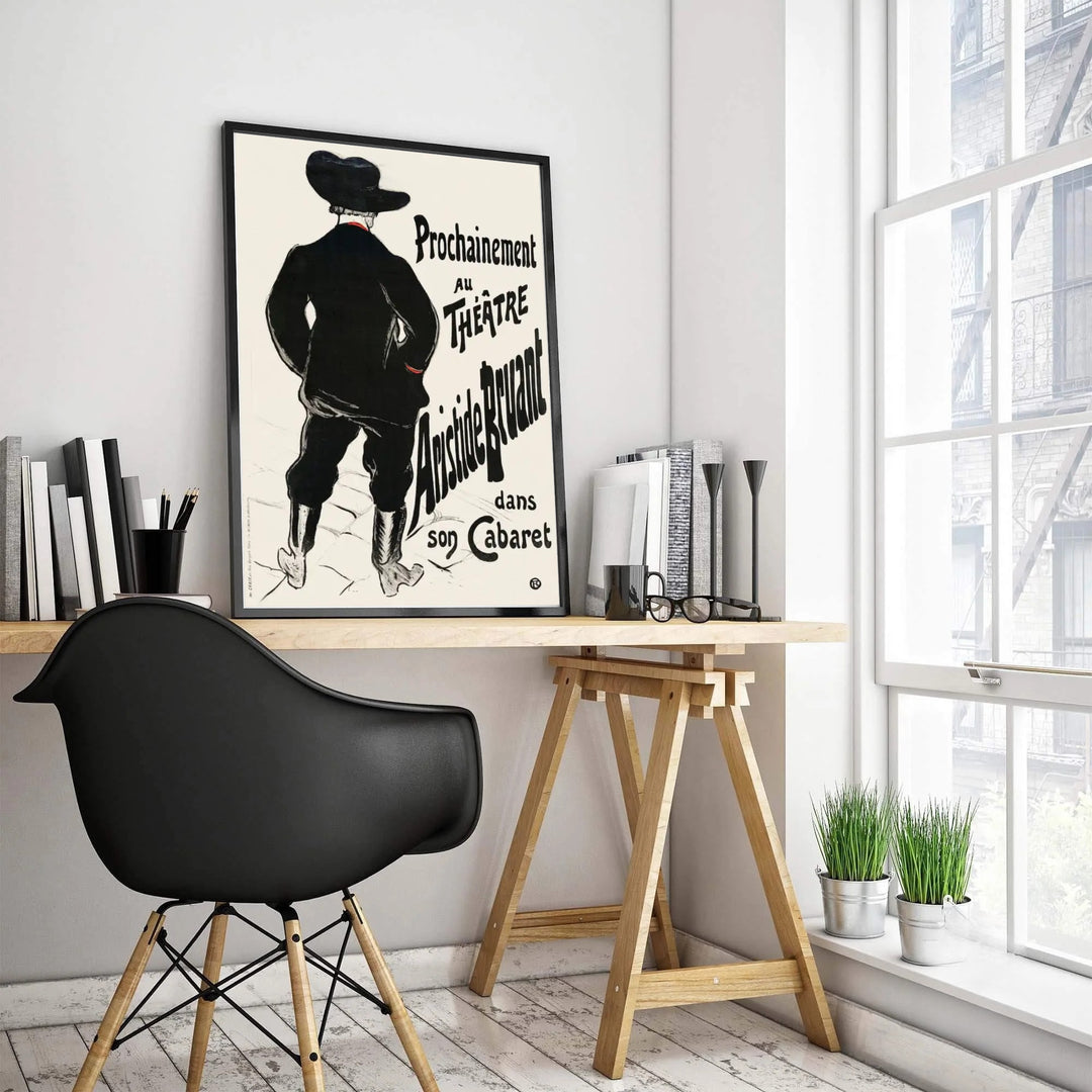 French post-impressionist poster print of Bruant Au Mirliton (1894), Henri de Toulouse-Lautrec depicting Aristide Bruant from behind in Paris, France. Choose custom framed wall art, unframed paper prints, or gallery canvas choices at MapYourDreams for stylish interior wall decor projects.