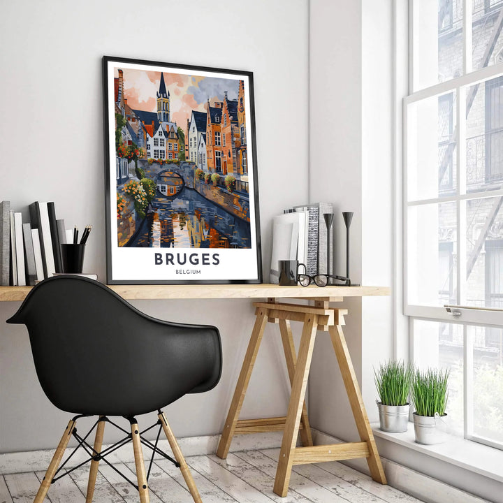 A romantic travel poster capturing a sunlit canal in Bruges, Belgium, rendered in artistic painterly brushstrokes with rich autumn colors and soft cloud reflections. Customers can choose from several presentation options including unframed fine art paper, custom wood and metal frames, and gallery wrapped canvas wall decor.