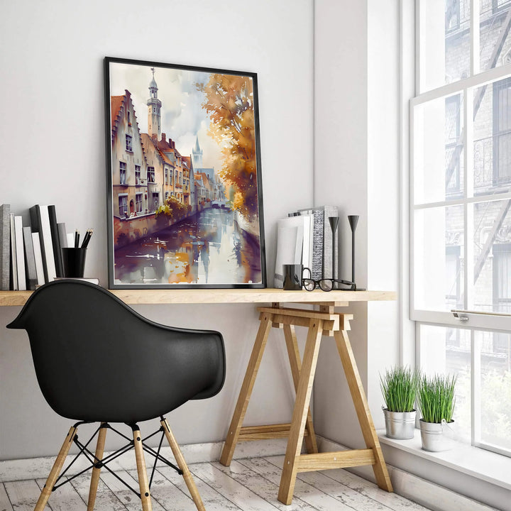 An ethereal watercolor artwork displaying historic guild houses and soaring spires lining a quiet canal in Bruges, Belgium, framed by golden autumn foliage. Offered by MapYourDreams, this artwork is available in flexible options including unframed paper, custom wooden frames, and gallery canvas wraps.