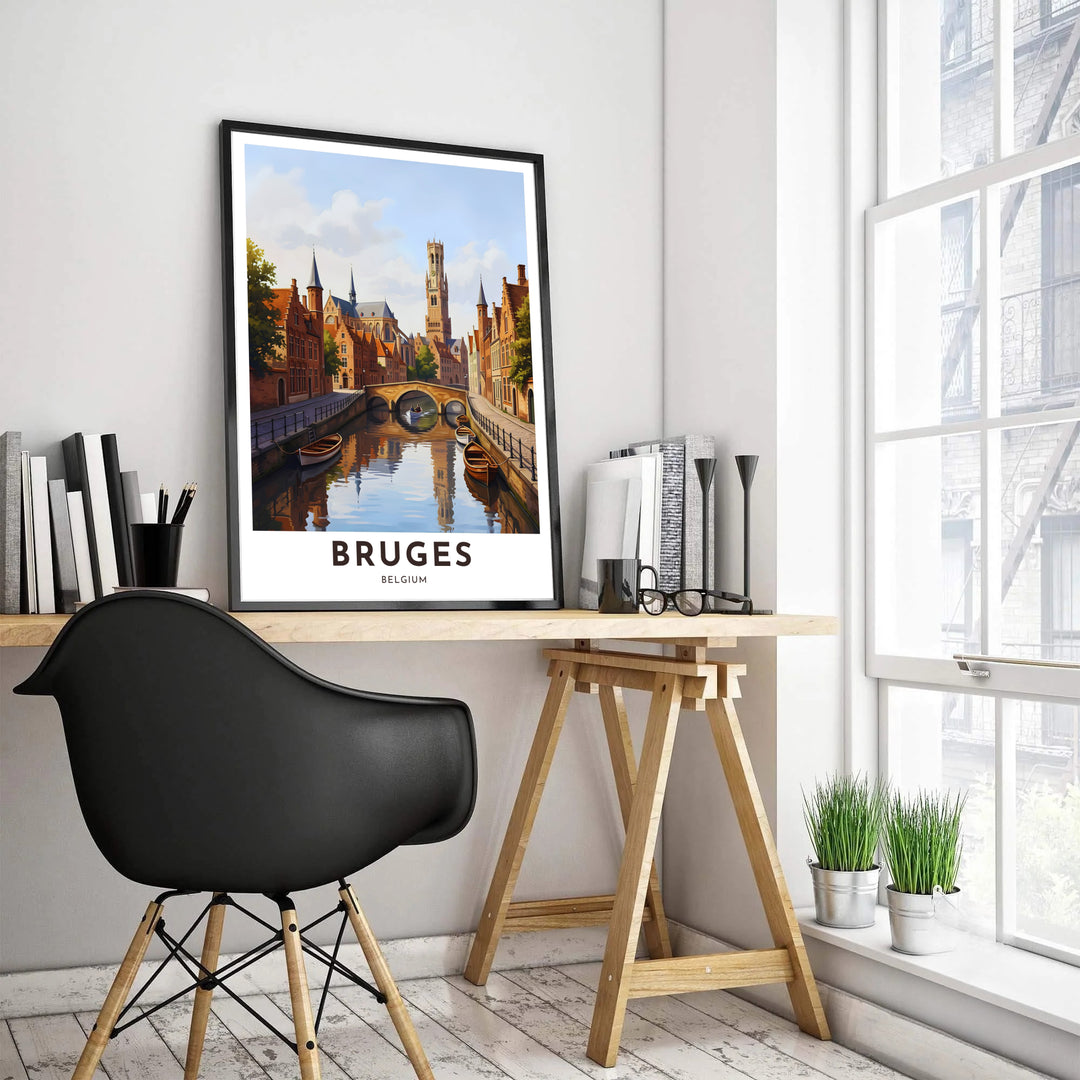 A contemporary travel poster depicting quiet wooden boats moored along a stone canal wall in Bruges, Belgium, with church spires and the Belfry in the distance. Customers can choose from several presentation options including unframed fine art paper, custom wood and metal frames, and gallery wrapped canvas wall decor.