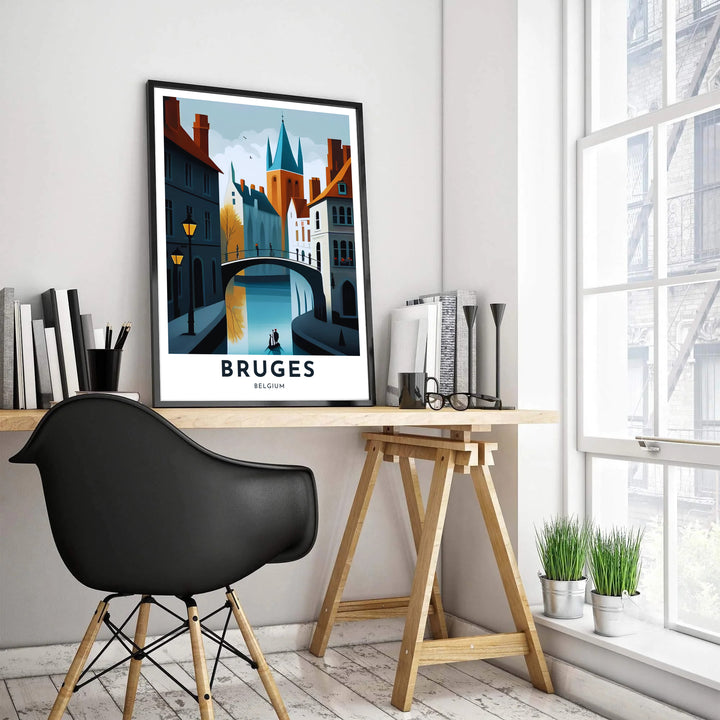 A contemporary travel poster depicting a boat passing under a arched bridge on a tranquil canal in Bruges, Belgium, with glowing streetlights and dramatic architecture. Customers can choose from several presentation options including unframed fine art paper, custom wood and metal frames, and gallery wrapped canvas wall decor.