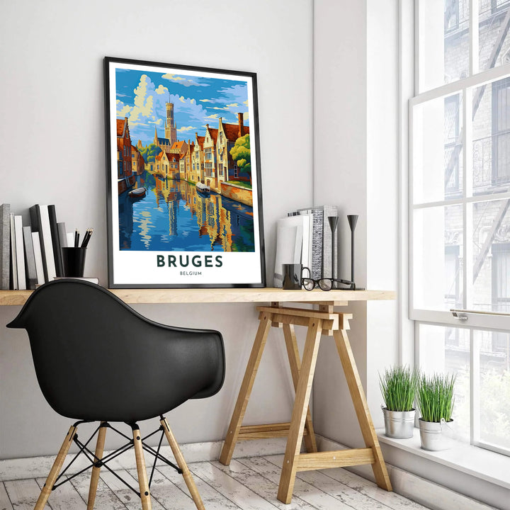 A contemporary travel poster depicting calm canal reflections and historic step-gabled buildings in Bruges, Belgium, with church spires in the distance. Customers can choose from several presentation options including unframed fine art paper, custom wood and metal frames, and gallery wrapped canvas wall decor.