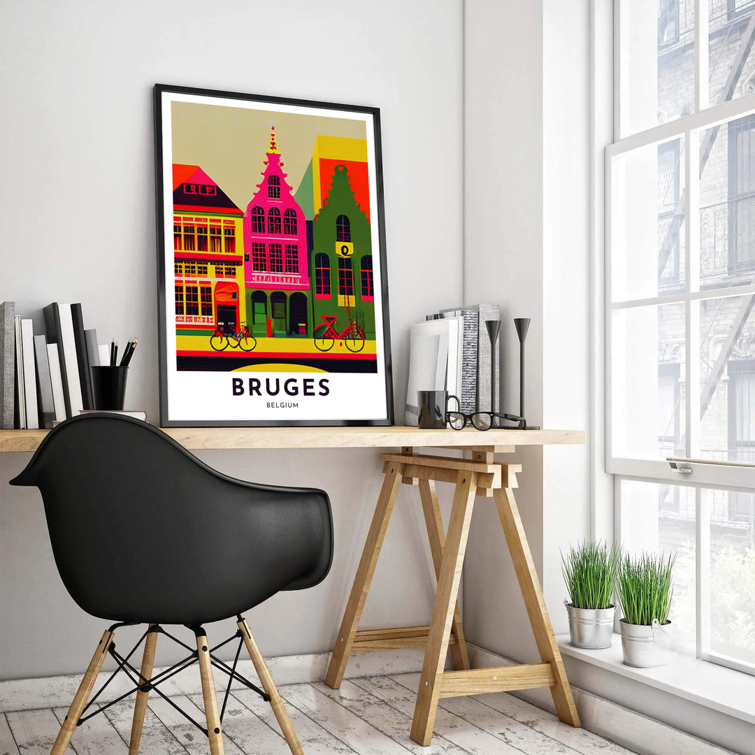 Detailed pop art architectural decor displaying gabled facades and street bicycles in Bruges, Belgium, rendered in saturated magenta, yellow, and midnight blue tones. Offered by MapYourDreams, this artwork is available in flexible options including unframed paper, custom wooden frames, and gallery canvas wraps.