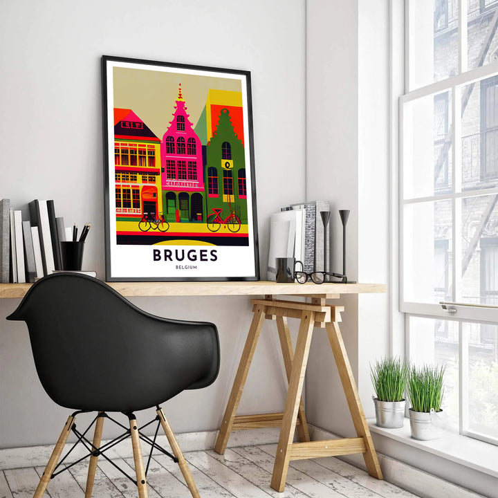 Detailed pop art architectural decor displaying gabled facades and street bicycles in Bruges, Belgium, rendered in saturated magenta, yellow, and midnight blue tones. Offered by MapYourDreams, this artwork is available in flexible options including unframed paper, custom wooden frames, and gallery canvas wraps.