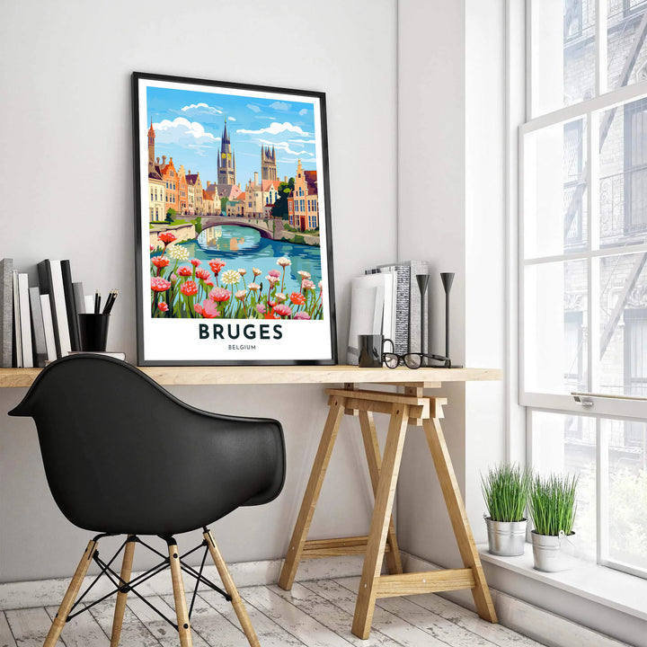 A bright vector travel illustration showing wildflowers, an arched bridge, and church towers along the peaceful canals of Bruges, Belgium. Customers can choose from several presentation options including unframed fine art paper, custom wood and metal frames, and gallery wrapped canvas wall decor.