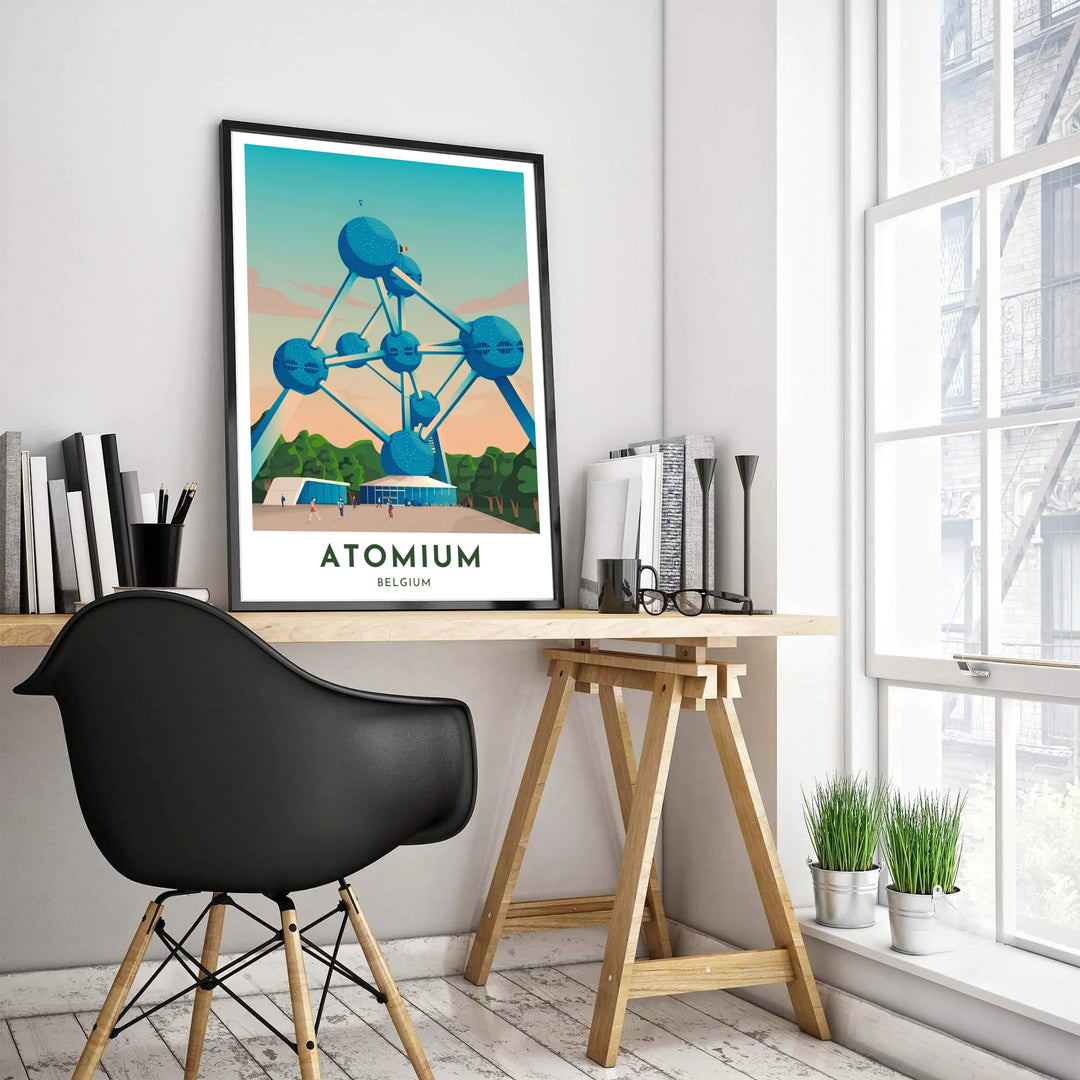 A stylized vector art illustration capturing the retro-futuristic Atomium in Brussels, Belgium, complete with crisp typography reading Atomium Belgium. Customers can choose from several presentation options including unframed fine art paper, custom wood and metal frames, and gallery wrapped canvas wall decor.