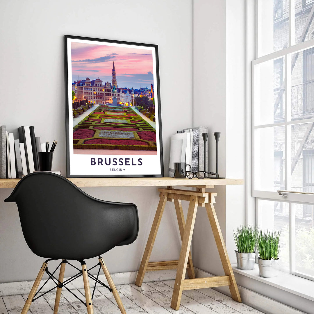 Elegant European city decor displaying the peaceful parterre garden at Mont des Arts in Brussels, Belgium, during a vibrant pink and lavender twilight. MapYourDreams provides this piece across multiple versatile formats including archival paper prints, custom framed styles, and stretched gallery canvas.