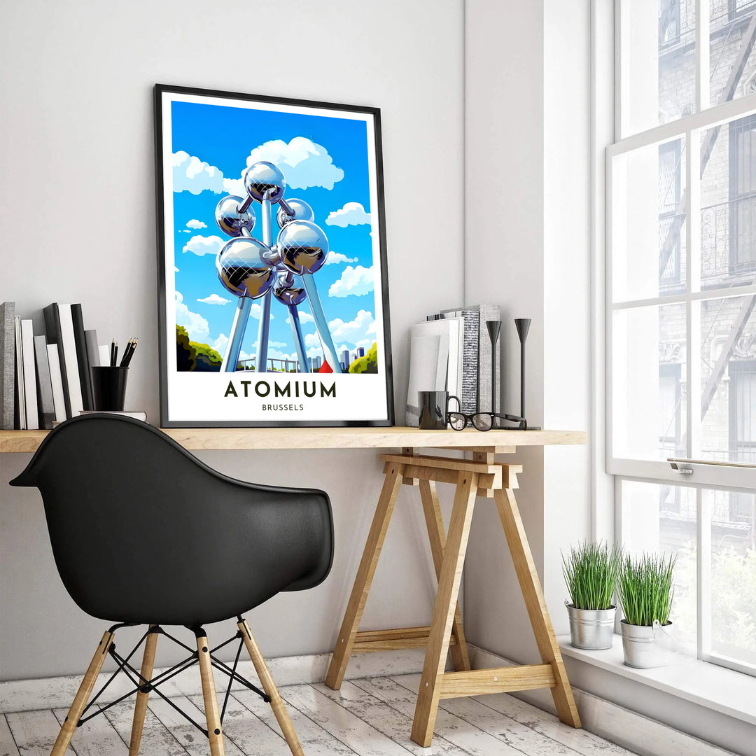 A crisp graphic illustration of the famous Atomium landmark in Brussels, Belgium, with stylized chrome reflections and clean typography reading Atomium Brussels. Customers can choose from several presentation options including unframed fine art paper, custom wood and metal frames, and gallery wrapped canvas wall decor.