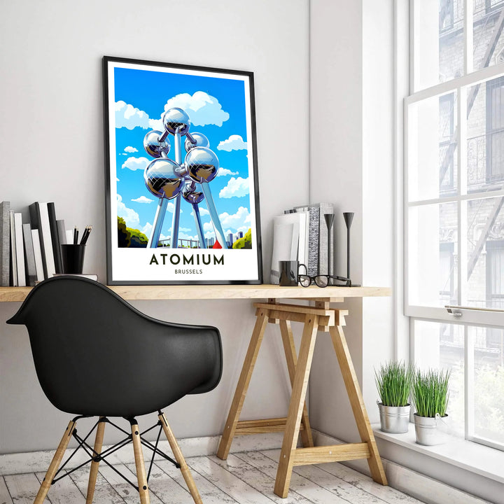 A crisp graphic illustration of the famous Atomium landmark in Brussels, Belgium, with stylized chrome reflections and clean typography reading Atomium Brussels. Customers can choose from several presentation options including unframed fine art paper, custom wood and metal frames, and gallery wrapped canvas wall decor.