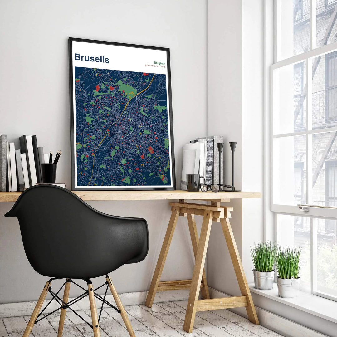High-resolution street map art print of Brussels, Belgium, displaying a dark navy background with subtle green and red geographic highlights. Customers can choose from several presentation options including unframed fine art paper, custom wood and metal frames, and gallery wrapped canvas wall decor.