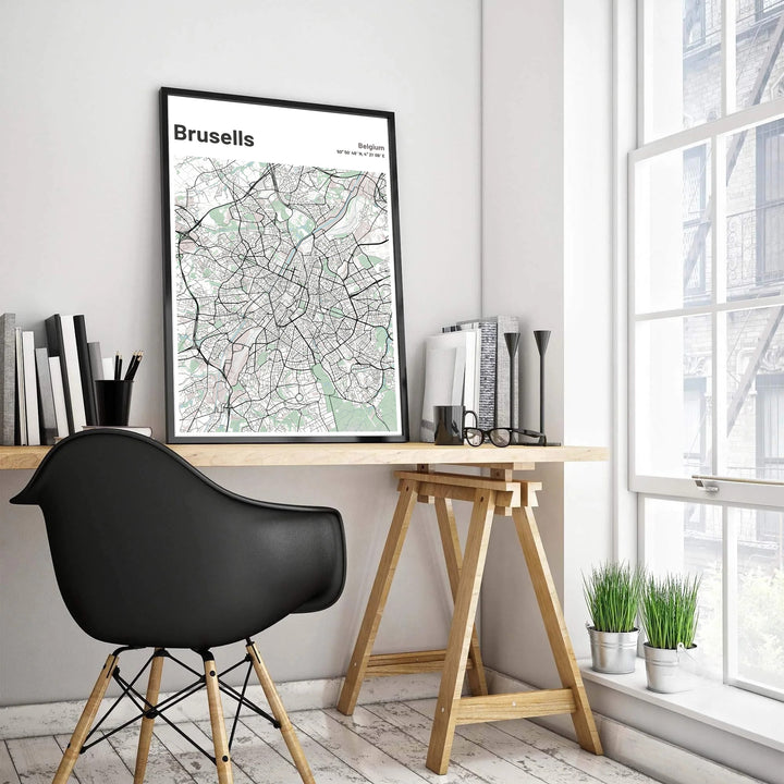 High-resolution street map art print of Brussels, Belgium, displaying a bright white background with soft sage green geographic highlights. Customers can choose from several presentation options including unframed fine art paper, custom wood and metal frames, and gallery wrapped canvas wall decor.