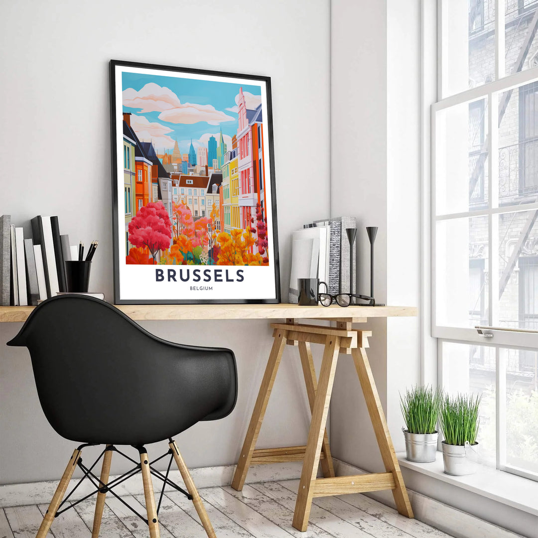 High-resolution travel art print highlighting the historic townhouses and autumn park foliage of Brussels, Belgium, in vivid pink, orange, and blue hues. Customers can choose from several presentation options including unframed fine art paper, custom wood and metal frames, and gallery wrapped canvas wall decor.
