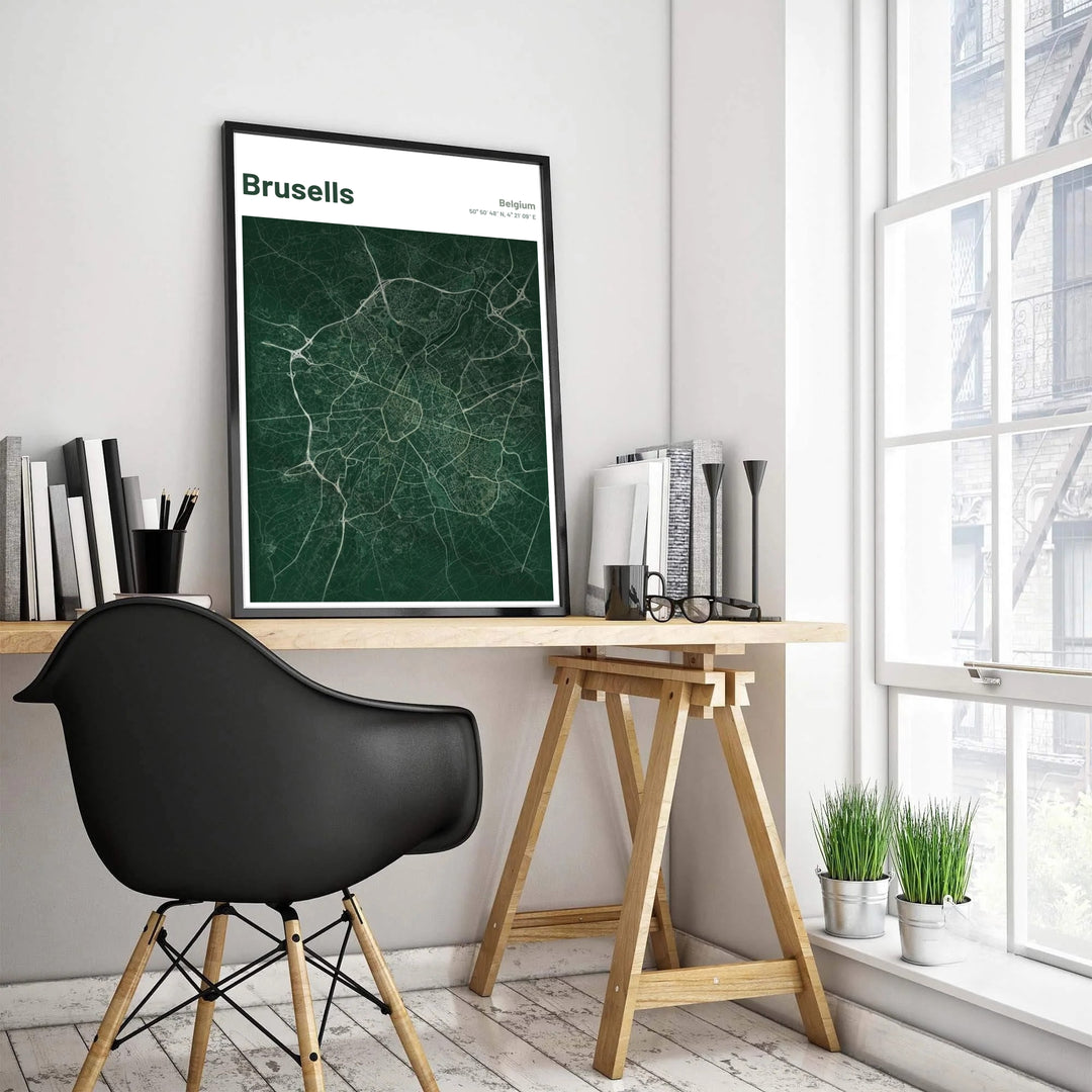 High-resolution street map art print of Brussels, Belgium, displaying a rich dark emerald green palette with glowing road line details. Customers can choose from several presentation options including unframed fine art paper, custom wood and metal frames, and gallery wrapped canvas wall decor.