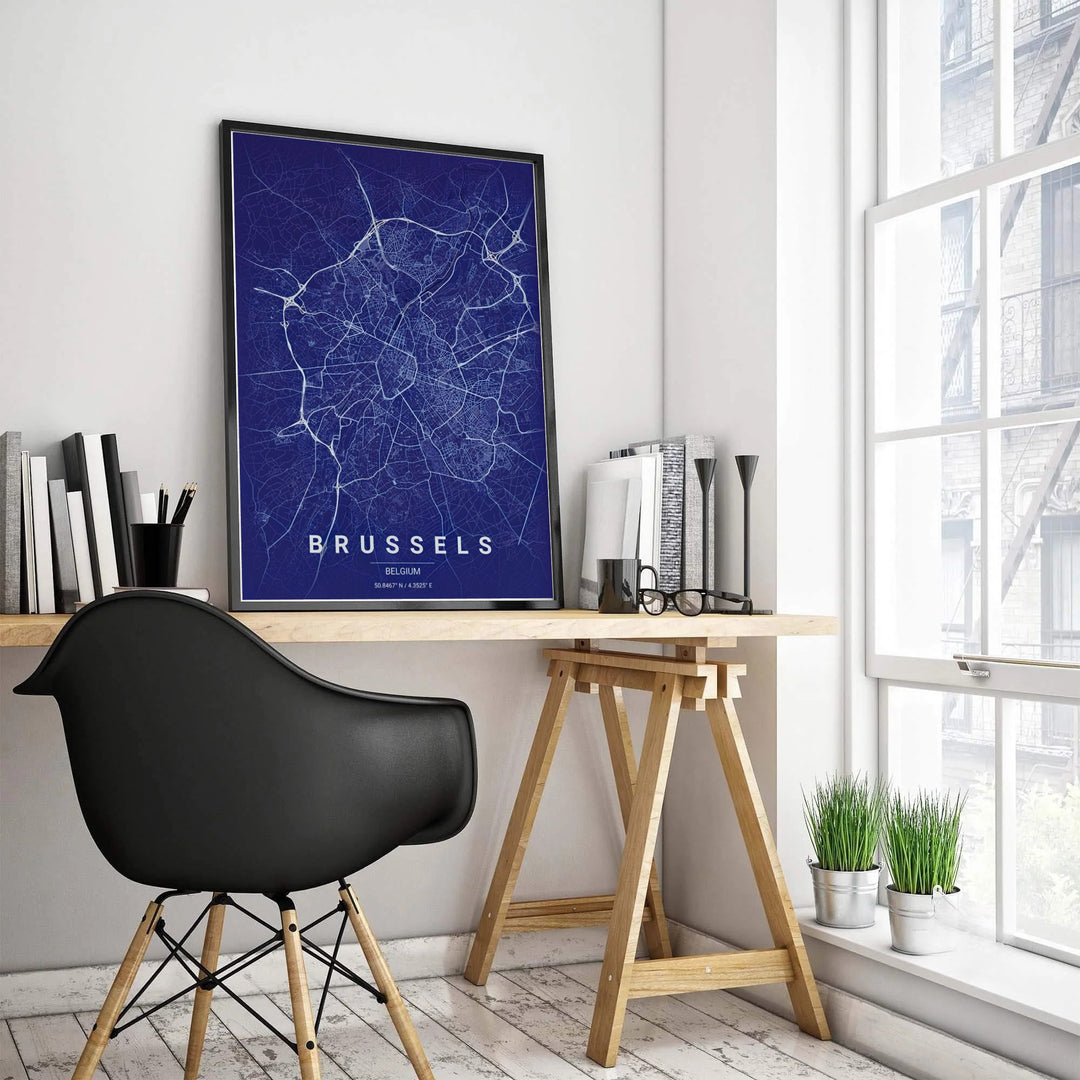 High-resolution street map art print of Brussels, Belgium, displaying a classic navy blue palette with glowing white street network details. Customers can choose from several presentation options including unframed fine art paper, custom wood and metal frames, and gallery wrapped canvas wall decor.