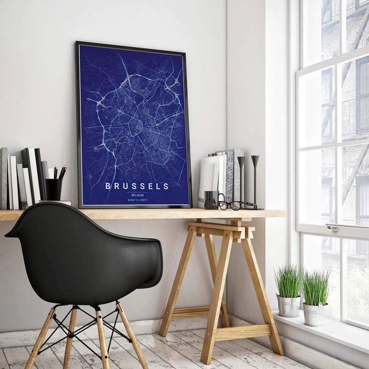 High-resolution street map art print of Brussels, Belgium, displaying a classic navy blue palette with glowing white street network details. Customers can choose from several presentation options including unframed fine art paper, custom wood and metal frames, and gallery wrapped canvas wall decor.