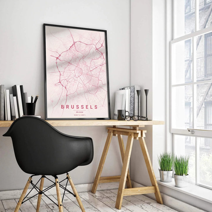 High-resolution street map art print of Brussels, Belgium, displaying a soft pink palette with glowing magenta road network details. Customers can choose from several presentation options including unframed fine art paper, custom wood and metal frames, and gallery wrapped canvas wall decor.