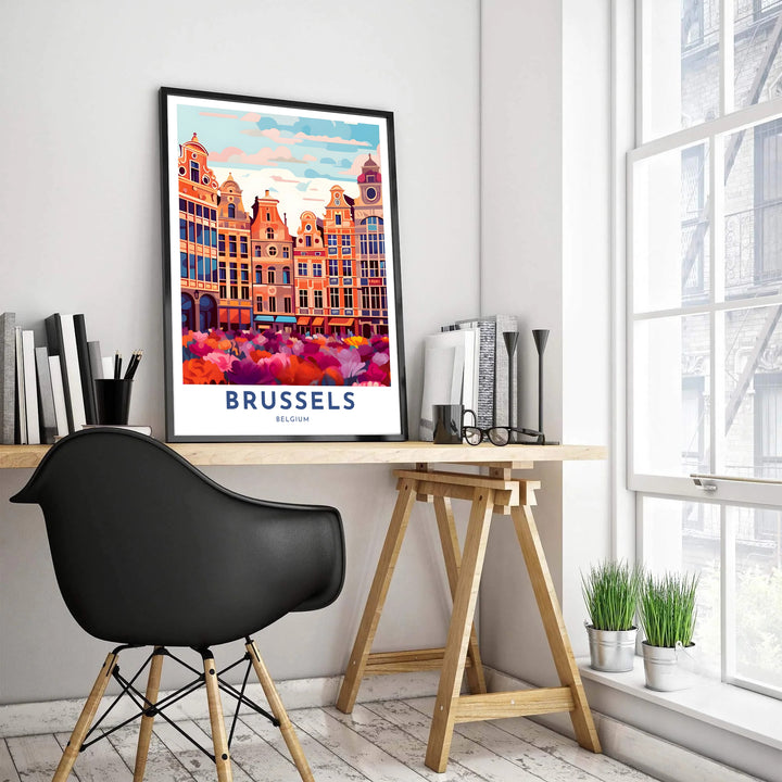 High-resolution pop art print of Brussels Grand Place in Belgium, displaying warm terracotta facades, sky blue clouds, and purple flowers. Customers can choose from several presentation options including unframed fine art paper, custom wood and metal frames, and gallery wrapped canvas wall decor.