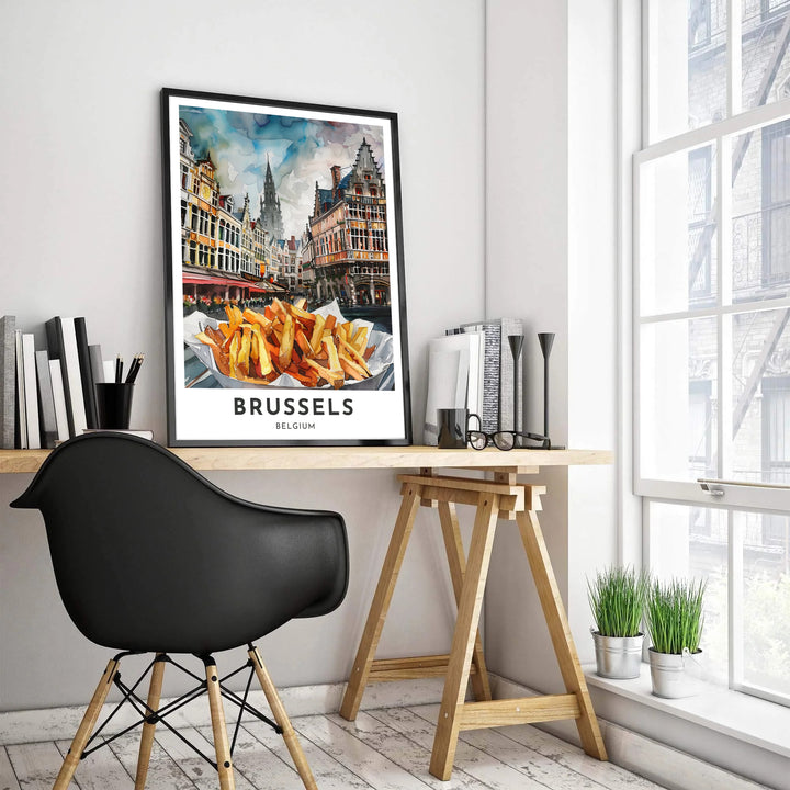 High-resolution watercolor print of Brussels Grand Place in Belgium, featuring warm golden fries, slate blue skies, and historic step-gabled facades. Customers can choose from several presentation options including unframed fine art paper, custom wood and metal frames, and gallery wrapped canvas wall decor.