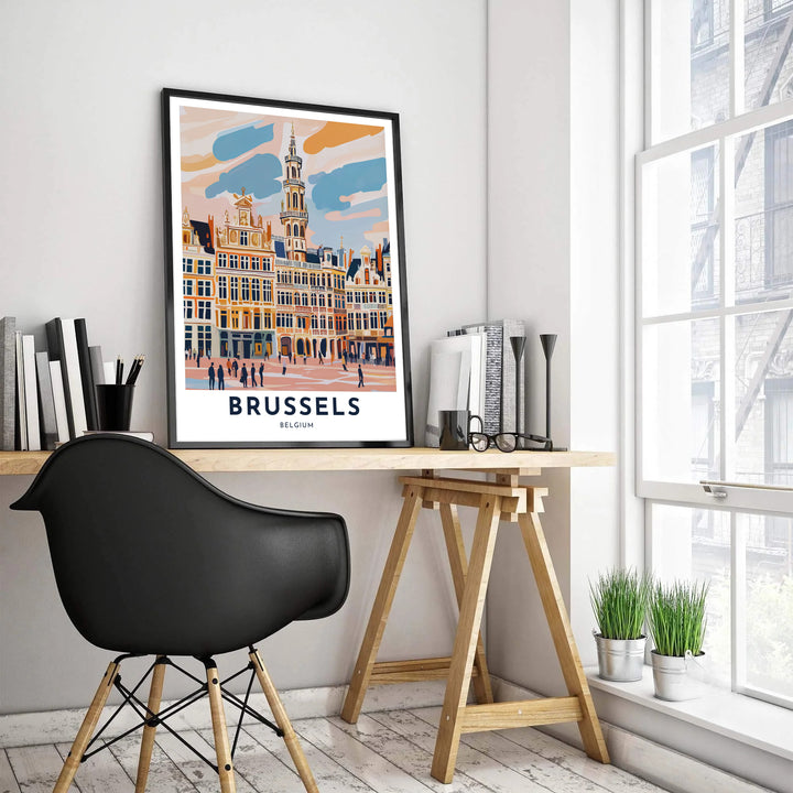 High-resolution pastel pop art print of Brussels Grand Place in Belgium, displaying warm apricot facades, slate blue clouds, and fine building details. Customers can choose from several presentation options including unframed fine art paper, custom wood and metal frames, and gallery wrapped canvas wall decor.