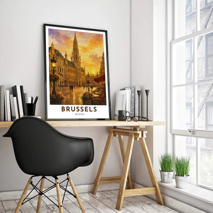 High-resolution cityscape print of Brussels Grand Place in Belgium, featuring golden reflections on wet cobblestones and detailed street lanterns. Customers can choose from several presentation options including unframed fine art paper, custom wood and metal frames, and gallery wrapped canvas wall decor.