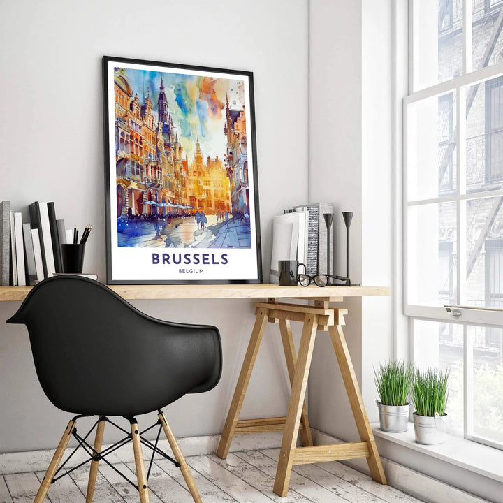 Elegant travel poster capturing the historic Grote Markt architecture of Brussels Grand Place in Belgium with vibrant watercolor splatters and soft light. Offered by MapYourDreams, this artwork is available in flexible options including unframed paper, custom wooden frames, and gallery canvas wraps.