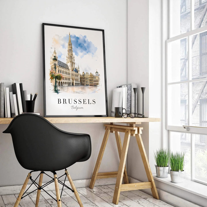 High-resolution watercolor print of Brussels Grand Place in Belgium, featuring delicate blue washes, sandstone hues, and elegant serif typography. Customers can choose from several presentation options including unframed fine art paper, custom wood and metal frames, and gallery wrapped canvas wall decor.