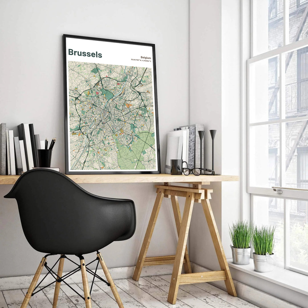 High-resolution city map poster of Brussels in Belgium, featuring crisp charcoal road lines, mint green parklands, and geographic coordinates. Customers can choose from several presentation options including unframed fine art paper, custom wood and metal frames, and gallery wrapped canvas wall decor.