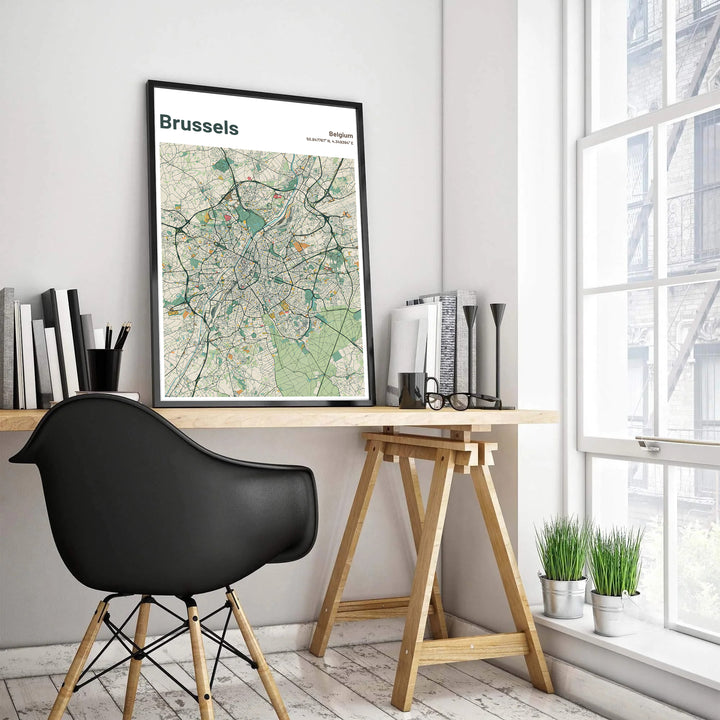 High-resolution city map poster of Brussels in Belgium, featuring crisp charcoal road lines, mint green parklands, and geographic coordinates. Customers can choose from several presentation options including unframed fine art paper, custom wood and metal frames, and gallery wrapped canvas wall decor.
