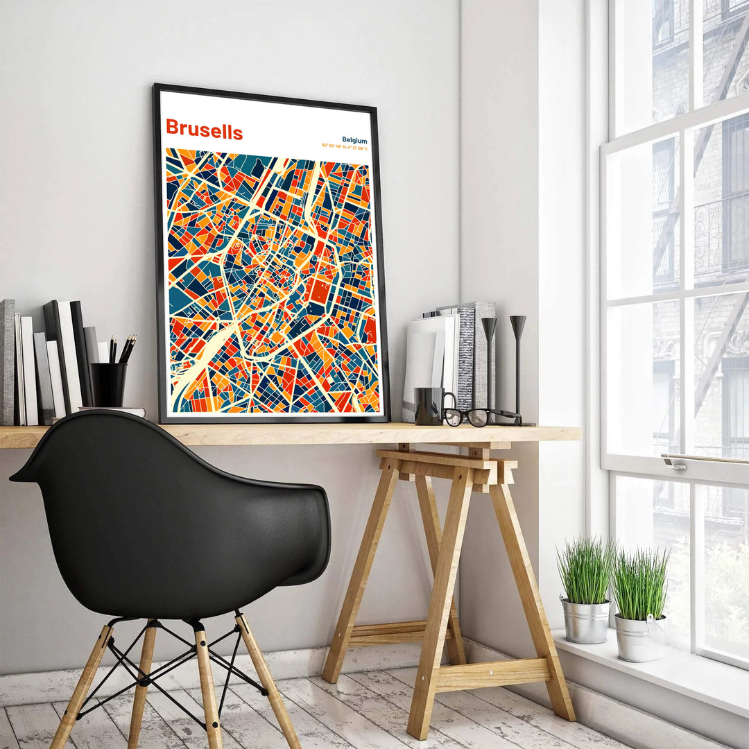 Abstract colorful travel poster mapping the historic central ring and outer avenues of Brussels in Belgium in warm red, blue, and orange fields. Offered by MapYourDreams, this artwork is available in flexible options including unframed paper, custom wooden frames, and gallery canvas wraps.