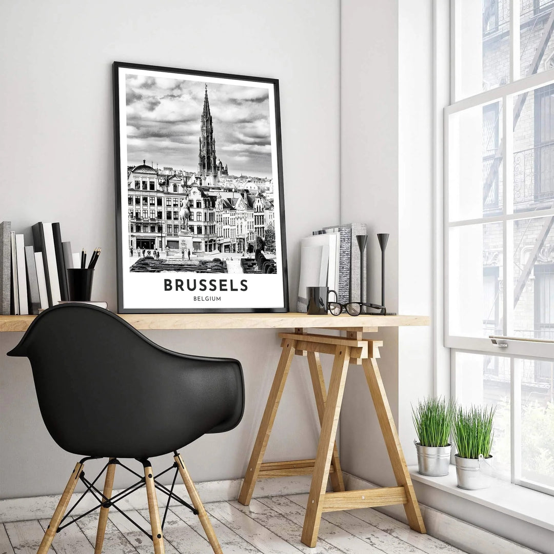 Panoramic black and white cityscape poster featuring the historic architecture and gardens of Mont des Arts in Brussels, Belgium. Offered by MapYourDreams, this artwork is available in flexible options including unframed paper, custom wooden frames, and gallery canvas wraps.