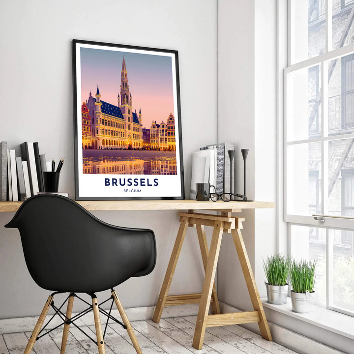 Vintage style travel poster illustrating the dusk horizon and illuminated historic spires of Brussels, Belgium. Offered by MapYourDreams, this artwork is available in flexible options including unframed paper, custom wooden frames, and gallery canvas wraps.