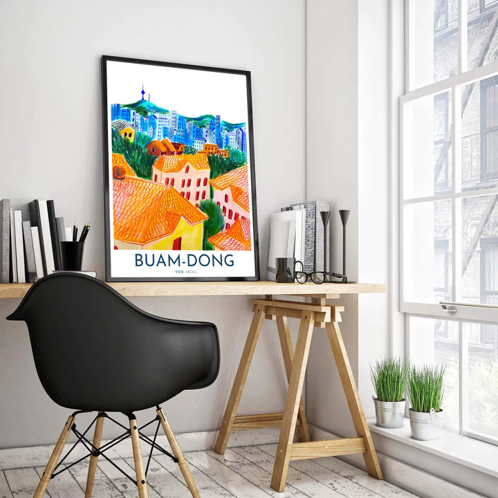 Contemporary hand-illustrated Seoul wall print depicting the picturesque hillside district of Buam-dong with detailed rooftop patterns, lush pine trees, and N Seoul Tower in the distance. Offered by MapYourDreams, this artwork is available in flexible options including unframed paper, custom wooden frames, and gallery canvas wraps.