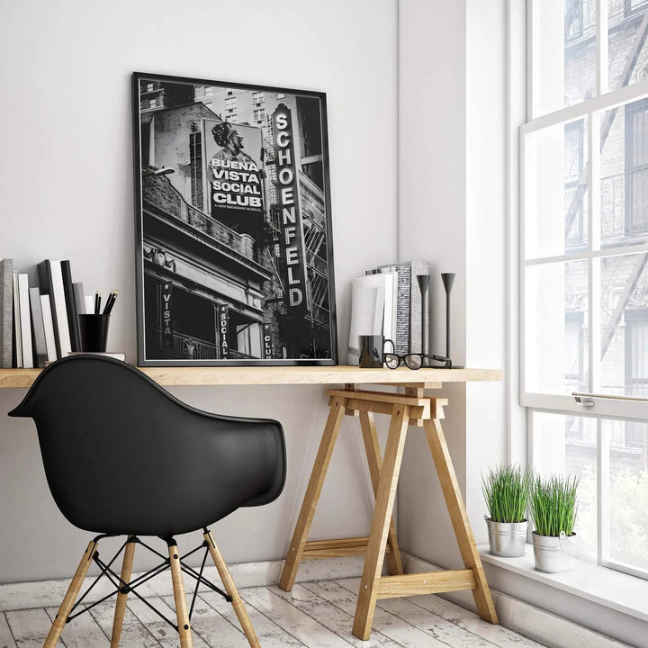 Dramatic black and white musical theatre print featuring high-contrast marquee lighting and billboards at the Gerald Schoenfeld Theatre in New York City, provided by MapYourDreams with choices spanning unframed art prints, stretched canvas decor, and custom frame choices in black, white, and natural wood.