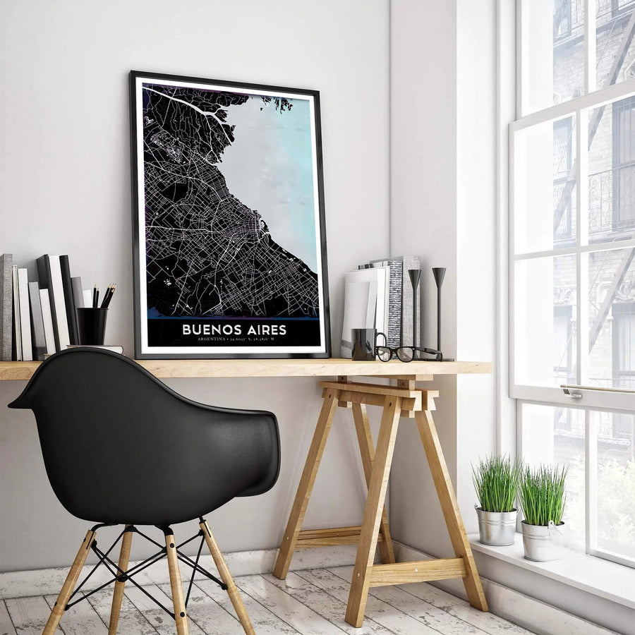 Architectural street grid print of Buenos Aires highlighting major avenues and coastal waterfront in high contrast black and blue. Created by MapYourDreams, this artwork is adaptable for any interior in unframed prints, solid wooden frames, or gallery wrapped canvas.
