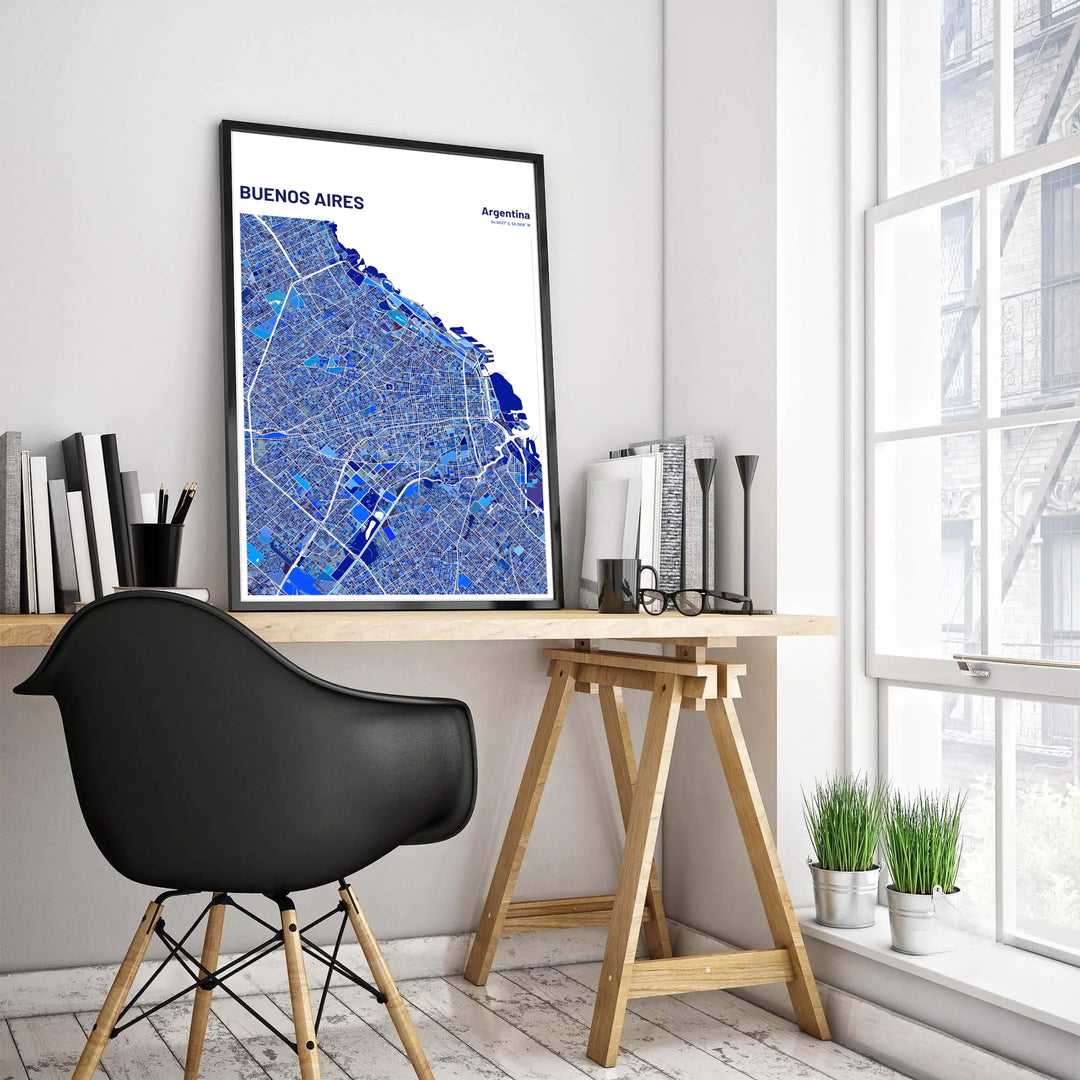 Architectural street grid print of Buenos Aires highlighting major avenues and neighborhood blocks in vibrant blue geometric tones. Created by MapYourDreams, this artwork is adaptable for any interior in unframed prints, solid wooden frames, or gallery wrapped canvas.