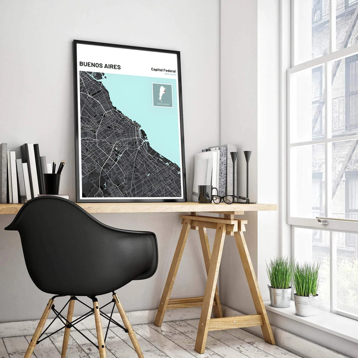 Urban city map poster of Buenos Aires featuring a national locator inset and geographic coordinates displayed beside the street grid. Produced by MapYourDreams, you can order this design on fine art paper, mounted in protective frames, or as a canvas display.