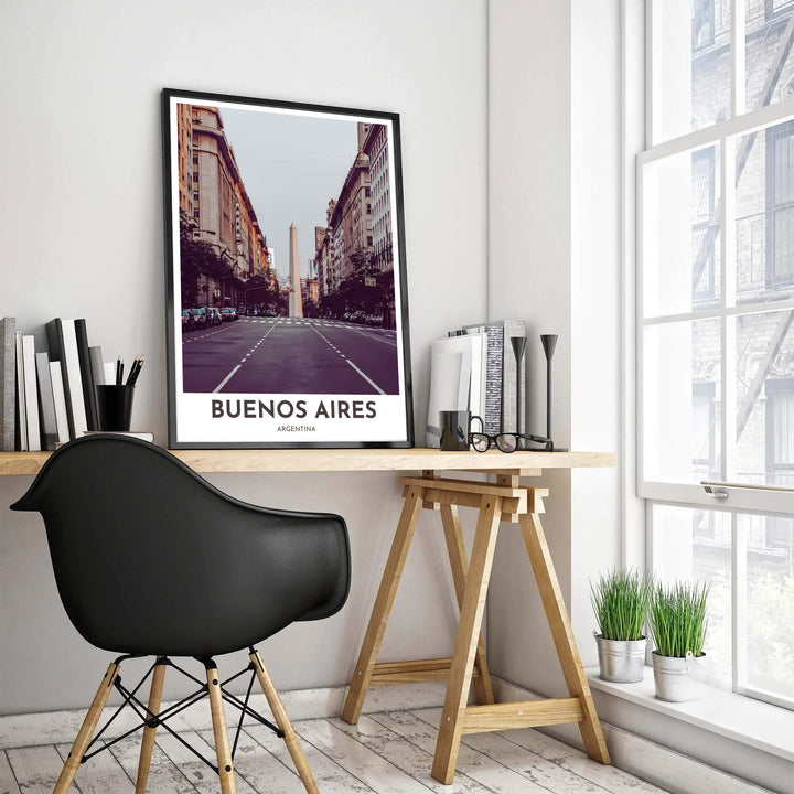Architectural photography wall art of Buenos Aires highlighting the imposing El Obelisco monument in moody sepia and plum shadow tones. Created by MapYourDreams, this artwork is adaptable for any interior in unframed prints, solid wooden frames, or gallery canvas wraps.