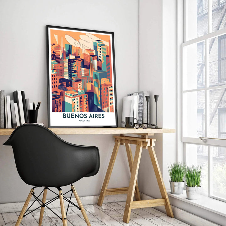 Graphic city skyline poster of Buenos Aires with deep navy shadow contrast and vibrant teal building facades. Available directly from MapYourDreams, this print comes in versatile mediums including roll-packed paper, custom frames, or canvas wraps.