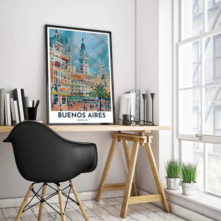 Impressionistic South American cityscape print depicting historic downtown Buenos Aires in pastel sky blue, peach, and mint tones. Created by MapYourDreams, this artwork is adaptable for any interior in unframed prints, solid wooden frames, or gallery canvas wraps.