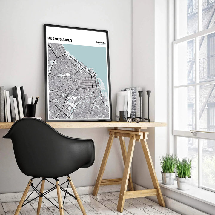 Minimalist city grid map print of Buenos Aires with modern sans-serif typography and geographic latitude and longitude details. Created by MapYourDreams, this artwork is adaptable for any interior in unframed prints, solid wooden frames, or gallery canvas wraps.